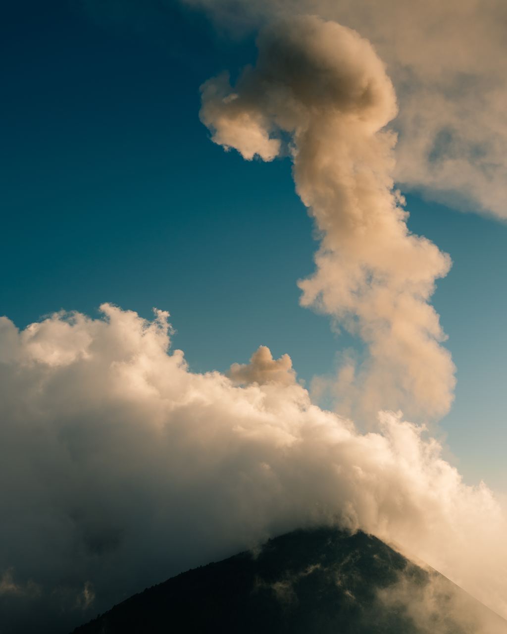 A tall ash column rising from the Fuego volcano at dusk, photographed from the slopes of the Acatenango in Guatemala