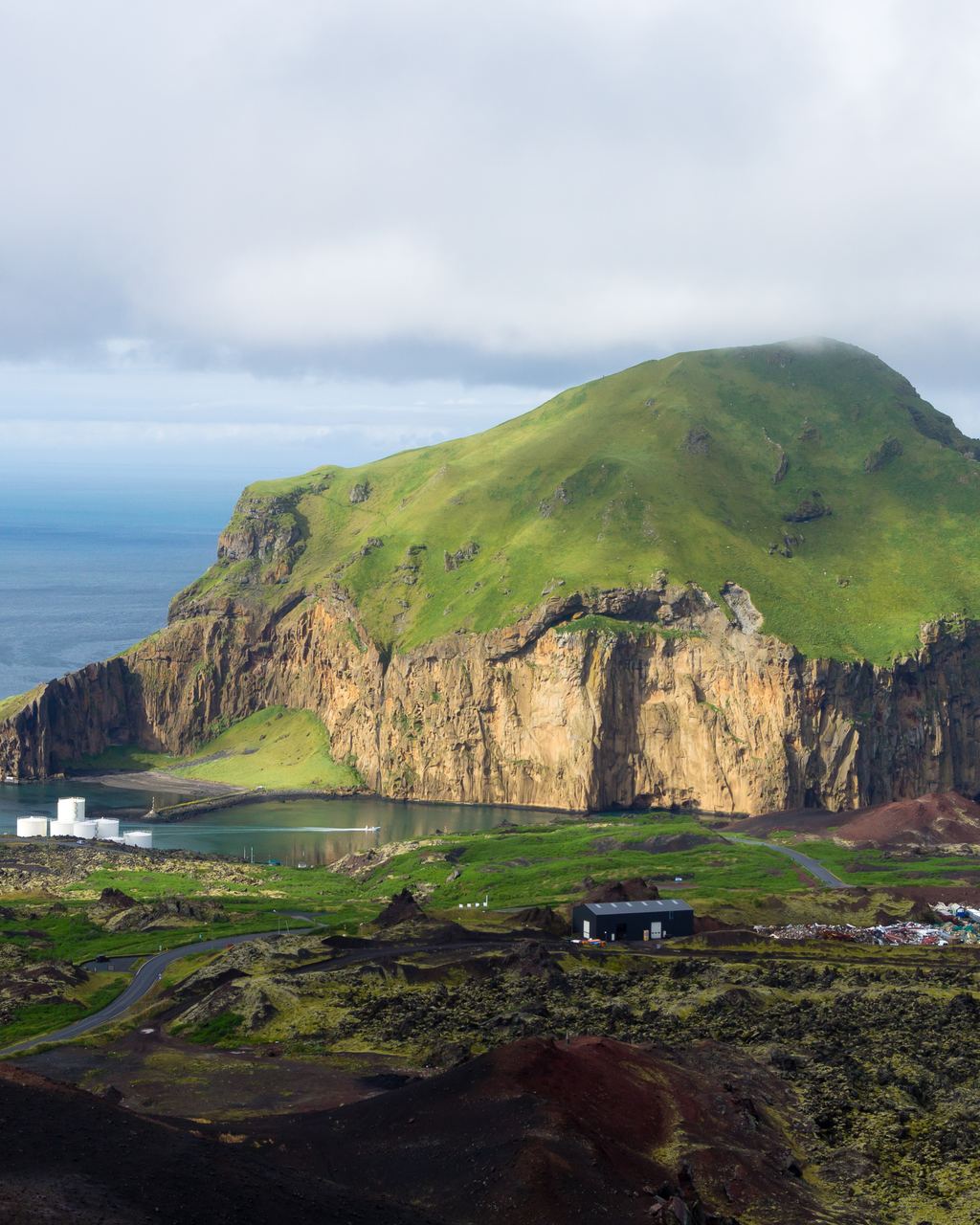 The town of Heimaey in the Westman Islands seen from the top of Eldfell, the cone that erupted in January 1973