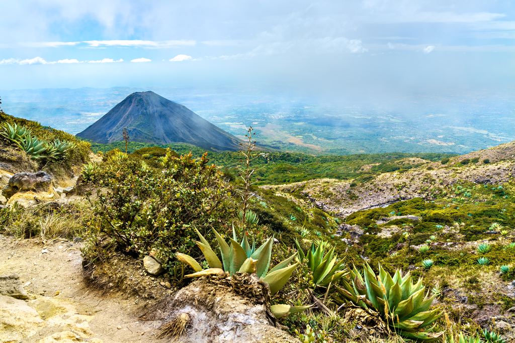 The dark cone of the Izalco volcano seen from Cerro Verde National Park, El Salvador
