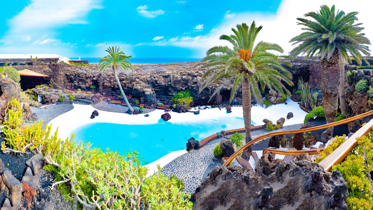 The pool and volcanic rock of Jameos del Agua, a collapsed lava tube in Lanzarote, Canary Islands
