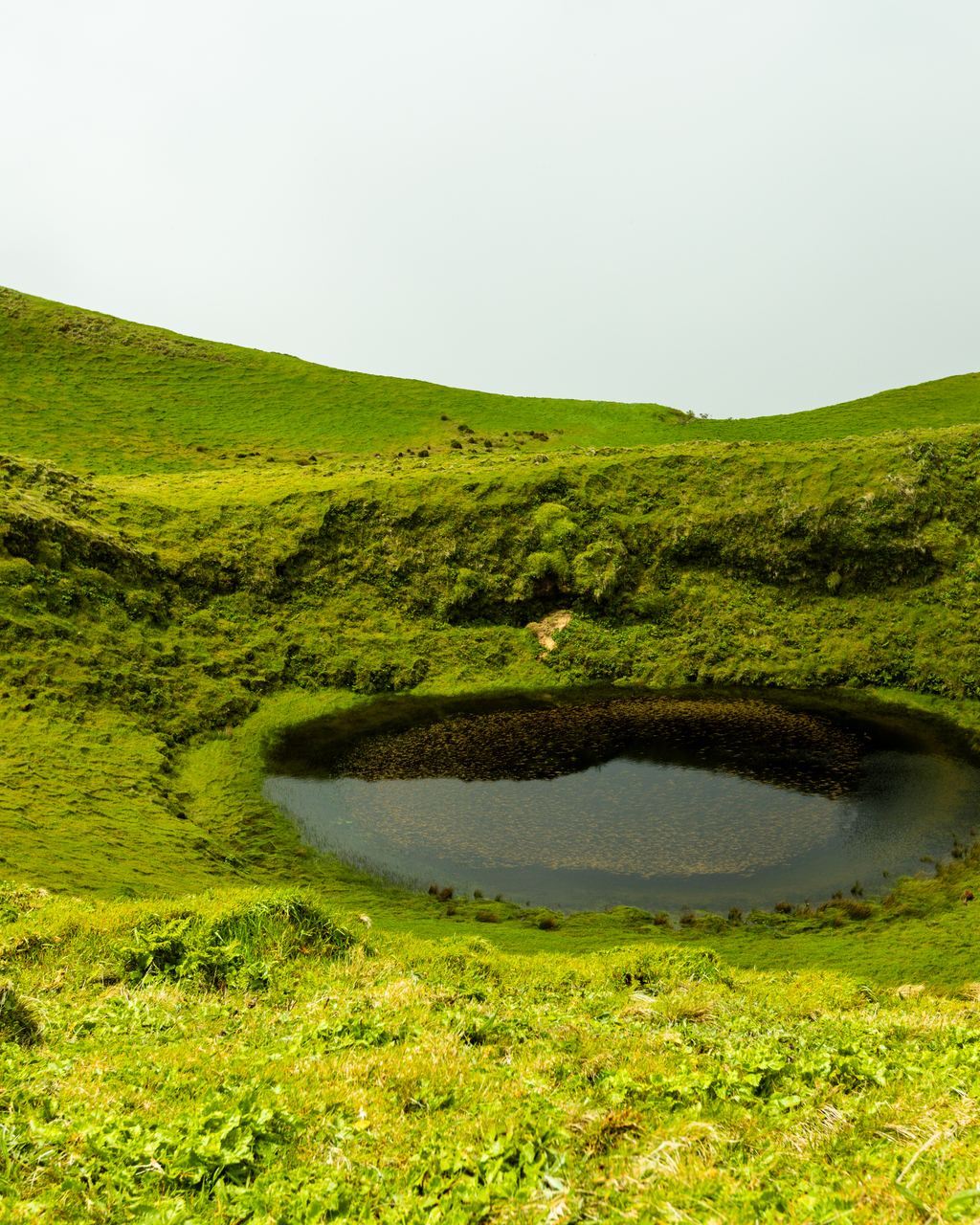 Fog drifting over green grass hills and a small lake on São Jorge island, Azores, Portugal