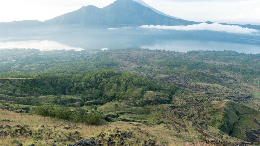 The cone of Mount Agung, the highest and most sacred mountain in Bali, Indonesia