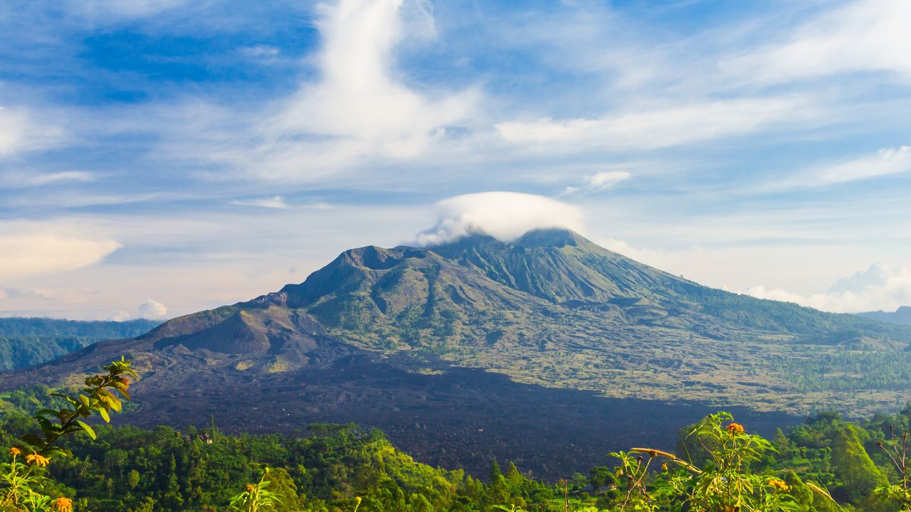 Mount Batur rising from the floor of its caldera, Kintamani, Bali, Indonesia