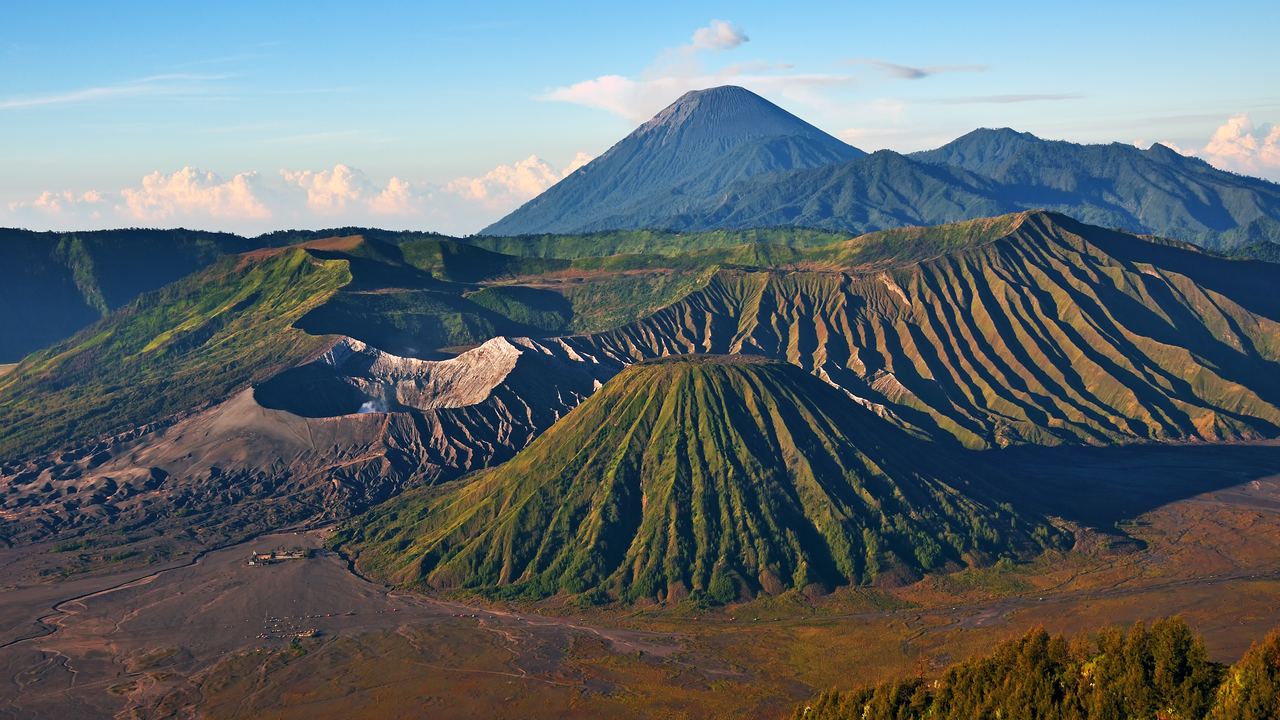 The Segara Wedi sand sea inside the Tengger caldera with Mount Bromo rising behind it, East Java
