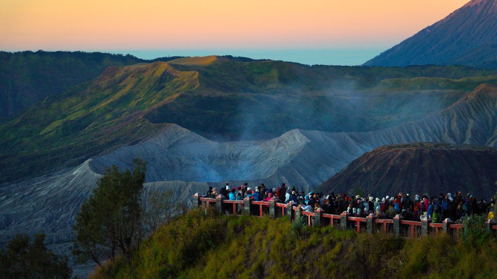 Mount Bromo seen at sunrise from the King Kong Hill viewpoint above the Tengger caldera, East Java