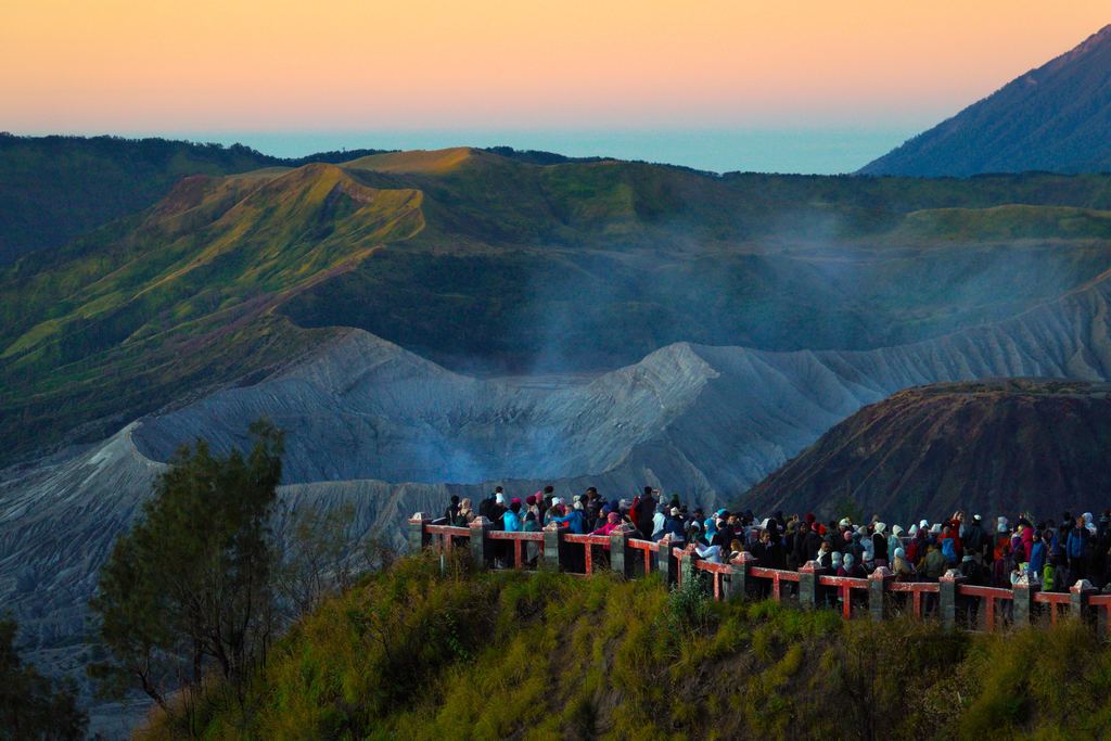 Mount Bromo seen at sunrise from the King Kong Hill viewpoint above the Tengger caldera, East Java
