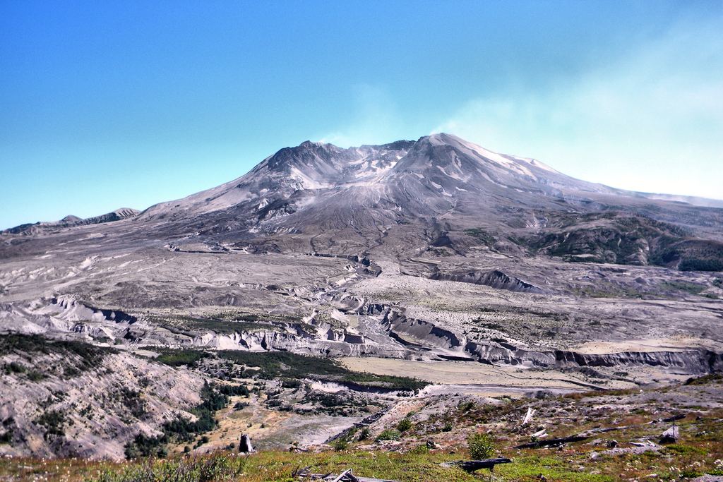 Mount St. Helens in Washington seen from the north, with the open crater left where the flank collapsed in 1980