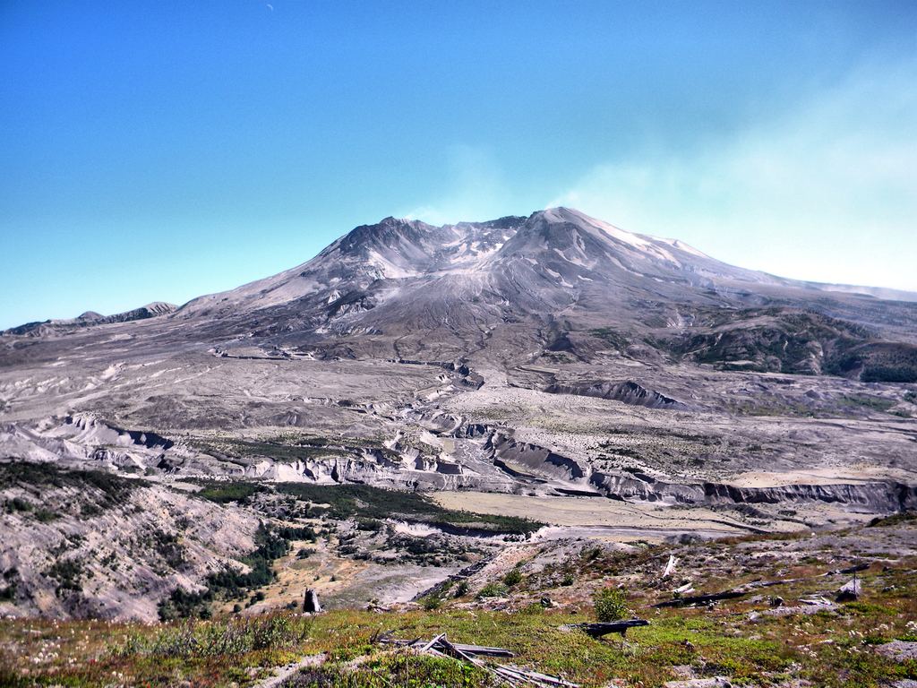 Mount St. Helens in Washington seen from the north, with the open crater left where the flank collapsed in 1980