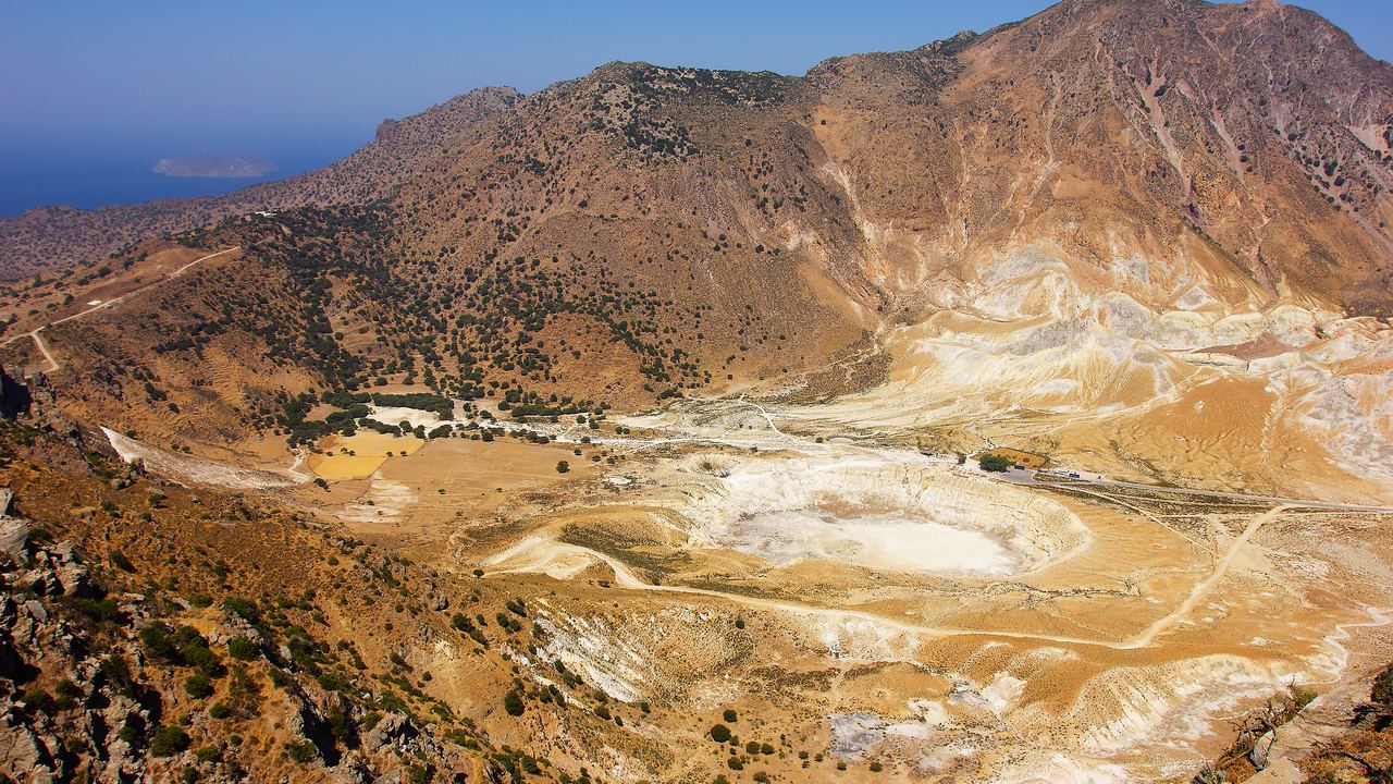 Yellow sulphur-encrusted floor of the Nisyros caldera, Dodecanese, Greece