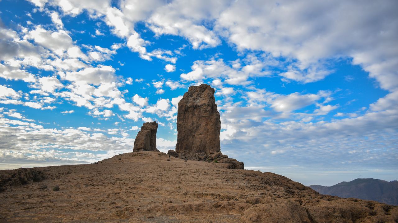 The Roque Nublo volcanic rock monolith rising above the highlands of Gran Canaria, Canary Islands