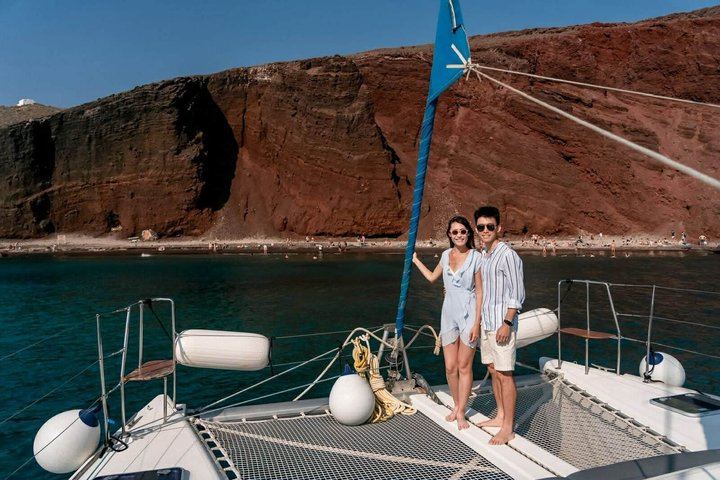 Santorini: Private Catamaran Cruise to Volcano with BBQ & Drinks