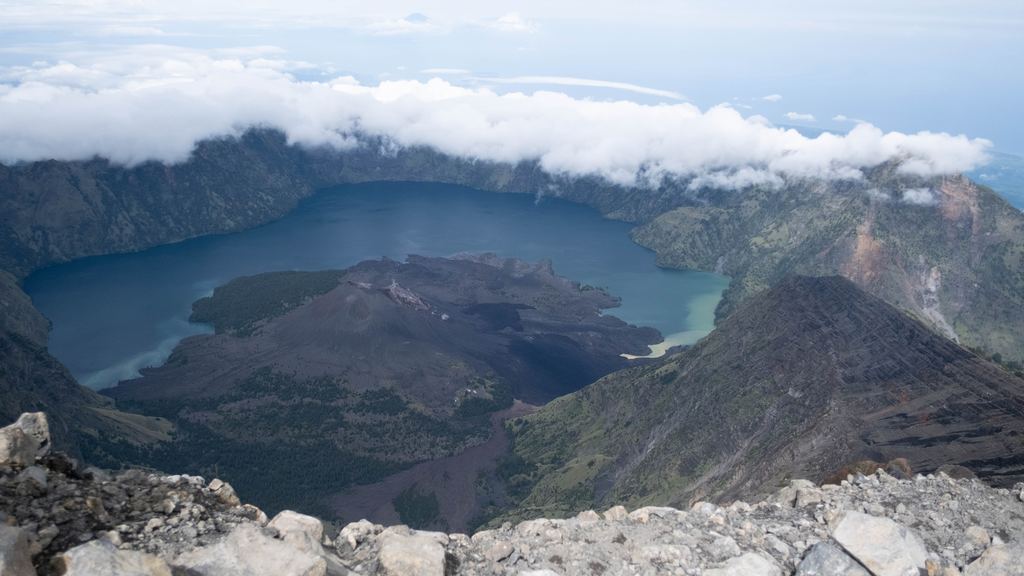The Segara Anak crater lake seen from the upper slopes of Mount Rinjani