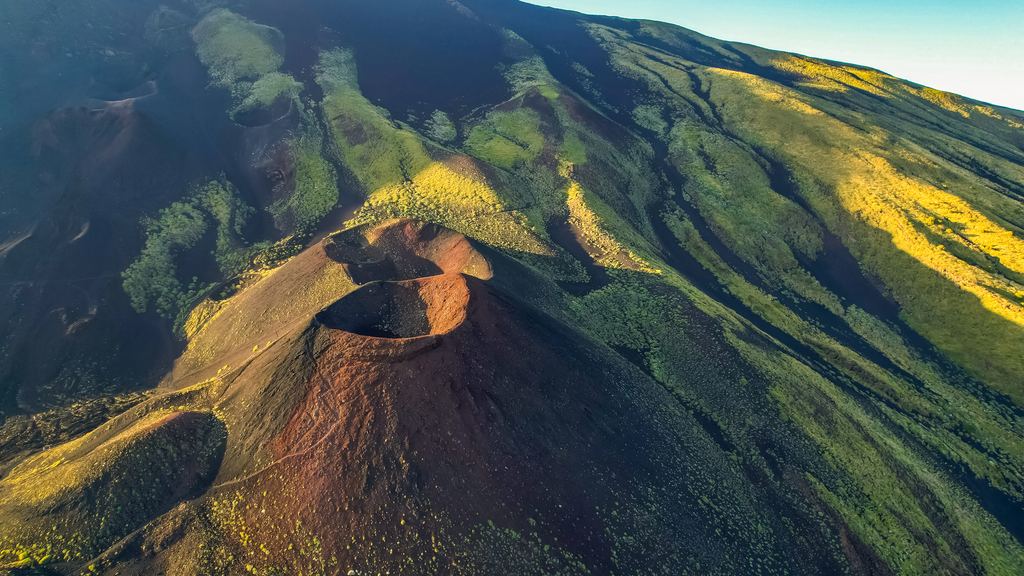 Aerial view of the Silvestri craters on the southern flank of Mount Etna