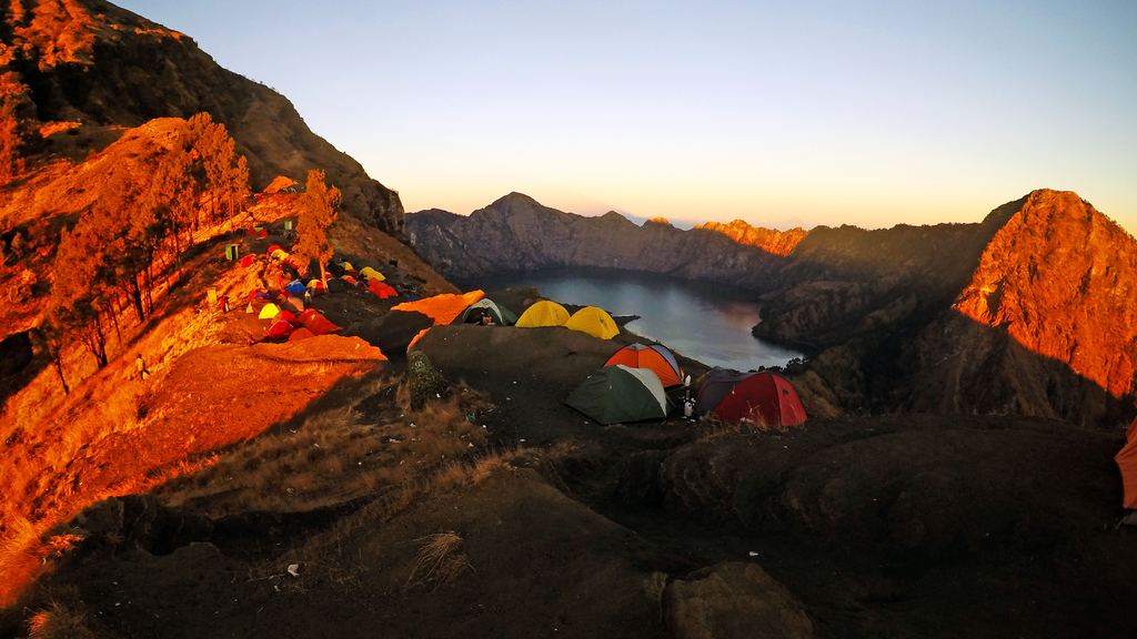 Sunrise over the camp on the crater rim of Mount Rinjani in Lombok