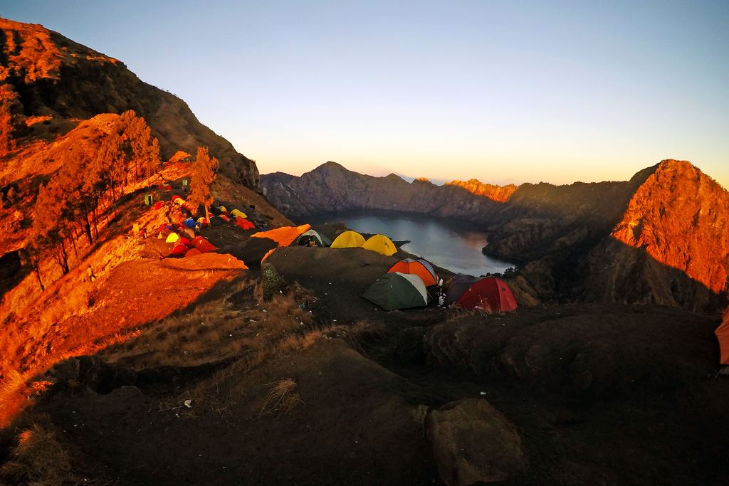 Sunrise at the Plawangan Sembalun camp on the crater rim of Mount Rinjani at 2,639 metres