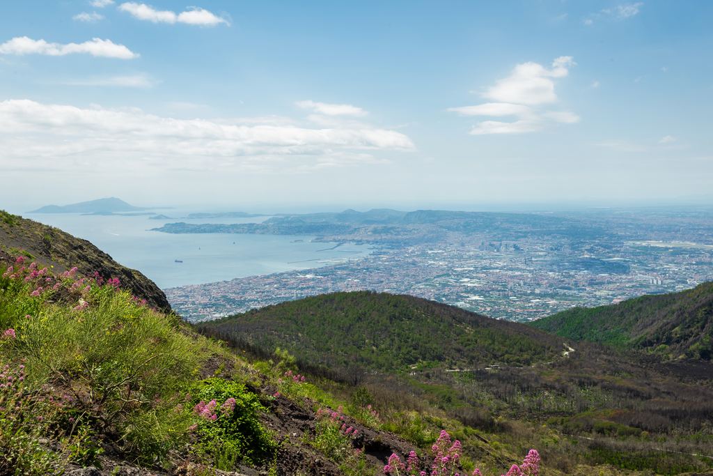View from the crater path of Mount Vesuvius down to the coast and the city of Naples