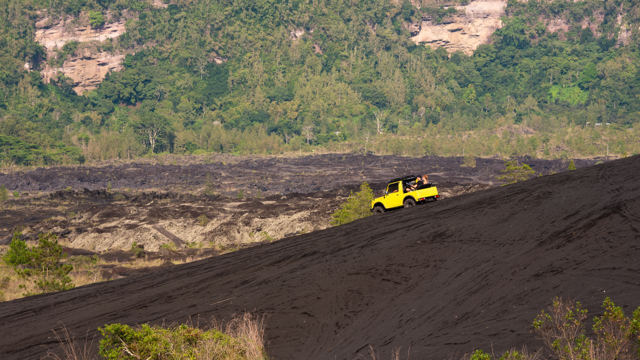 Black lava sand and returning vegetation on the caldera floor below Mount Batur, Bali, Indonesia