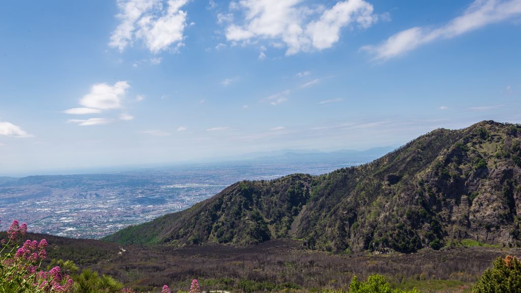 The coast and the Bay of Naples seen from the crater path of Mount Vesuvius