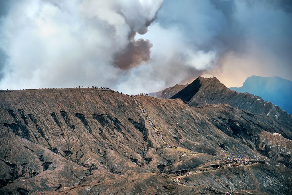 Mount Bromo and the cones of the Tengger caldera in Bromo Tengger Semeru National Park, East Java, Indonesia