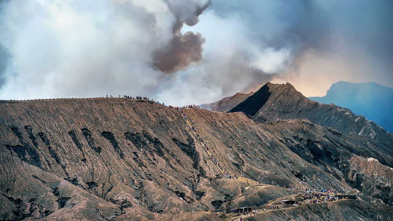 Mount Bromo and the cones of the Tengger caldera in Bromo Tengger Semeru National Park, East Java, Indonesia