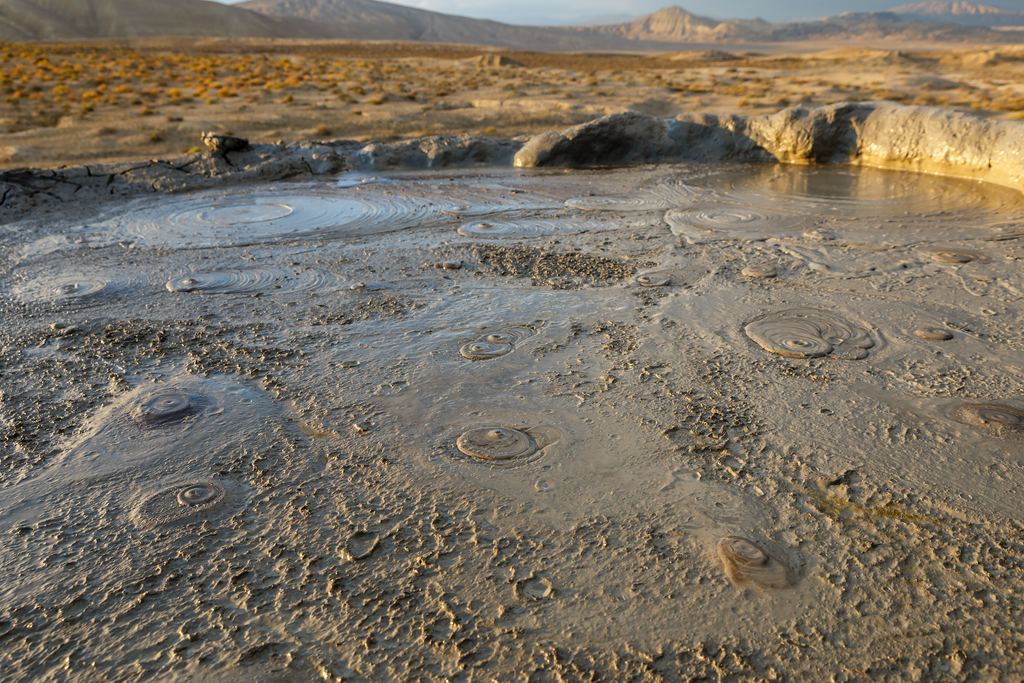 Close view of the cold mud crater of a Gobustan mud volcano, Azerbaijan