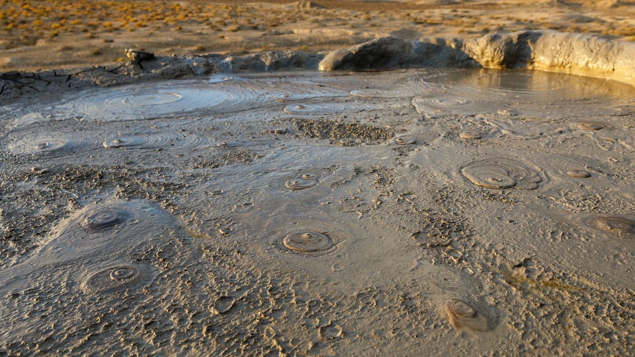 Close view of the cold mud crater of a Gobustan mud volcano, Azerbaijan