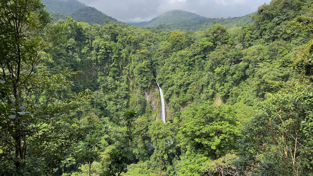 The La Fortuna waterfall in Alajuela province, Costa Rica, seen from the foot of the staircase
