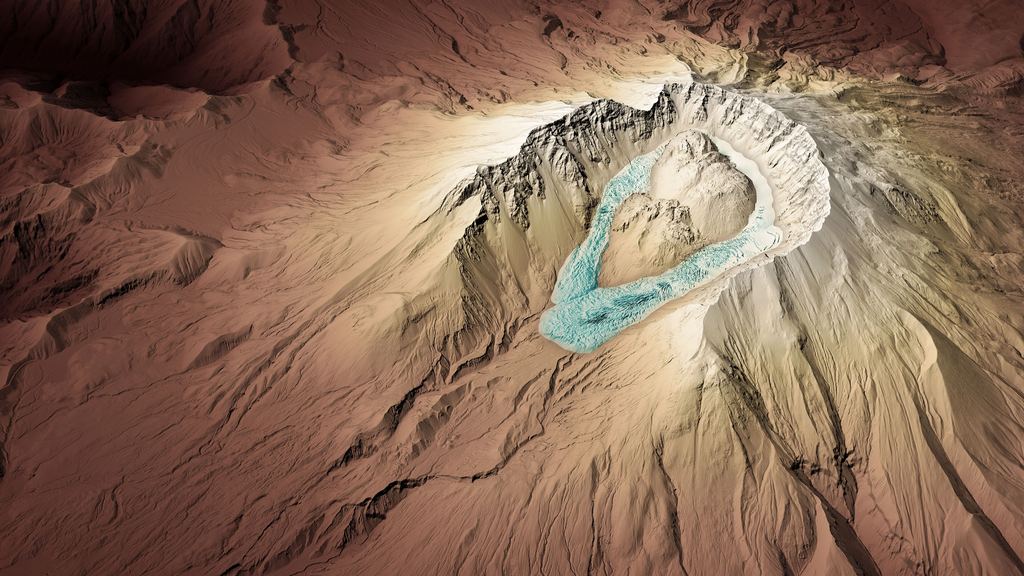 The lava dome and Crater Glacier inside the crater of Mount St. Helens