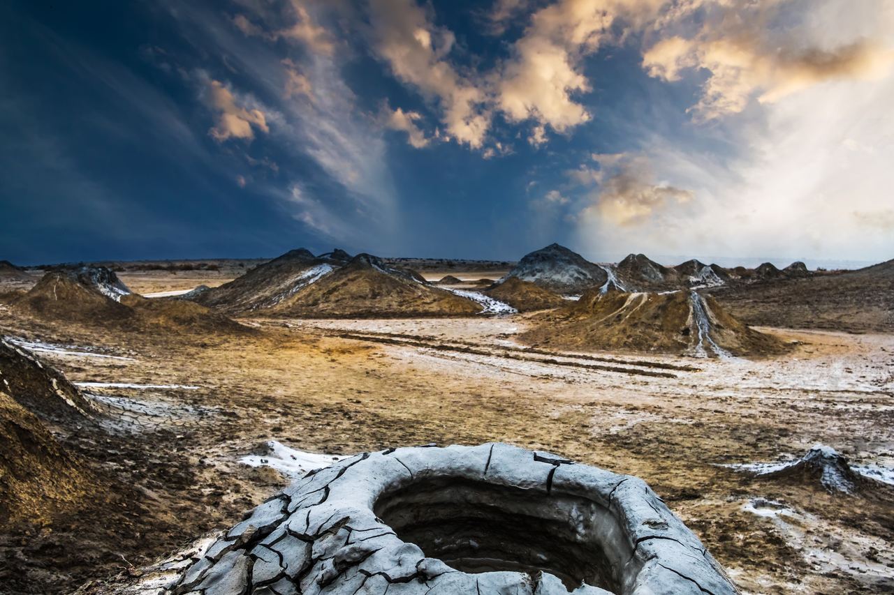 The field of mud volcanoes at Gobustan at sunset, near Baku, Azerbaijan
