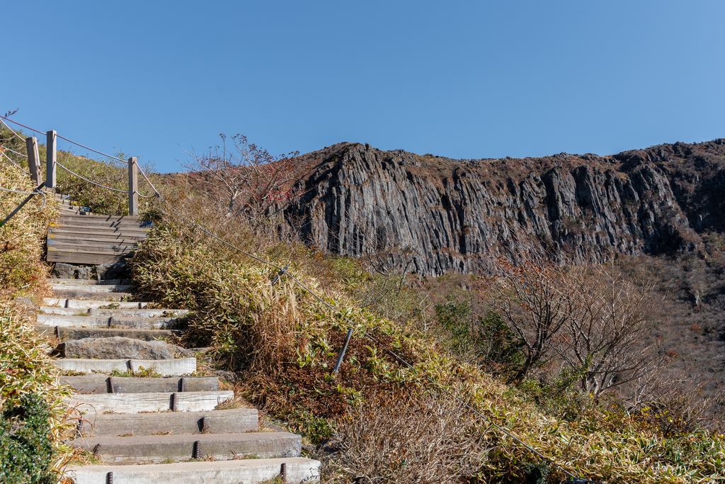 Wooden stairs on the Yeongsil trail up Mount Hallasan, Jeju Island, South Korea