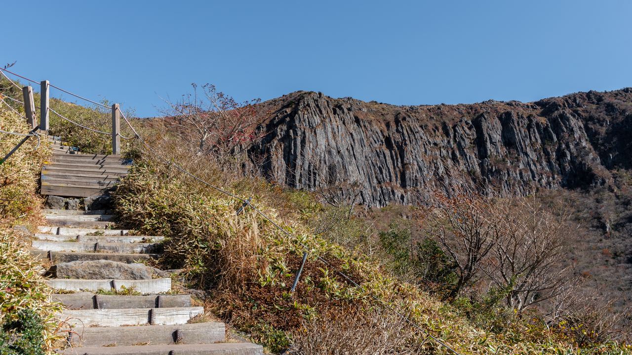 Wooden stairs on the Yeongsil trail up Mount Hallasan, Jeju Island, South Korea