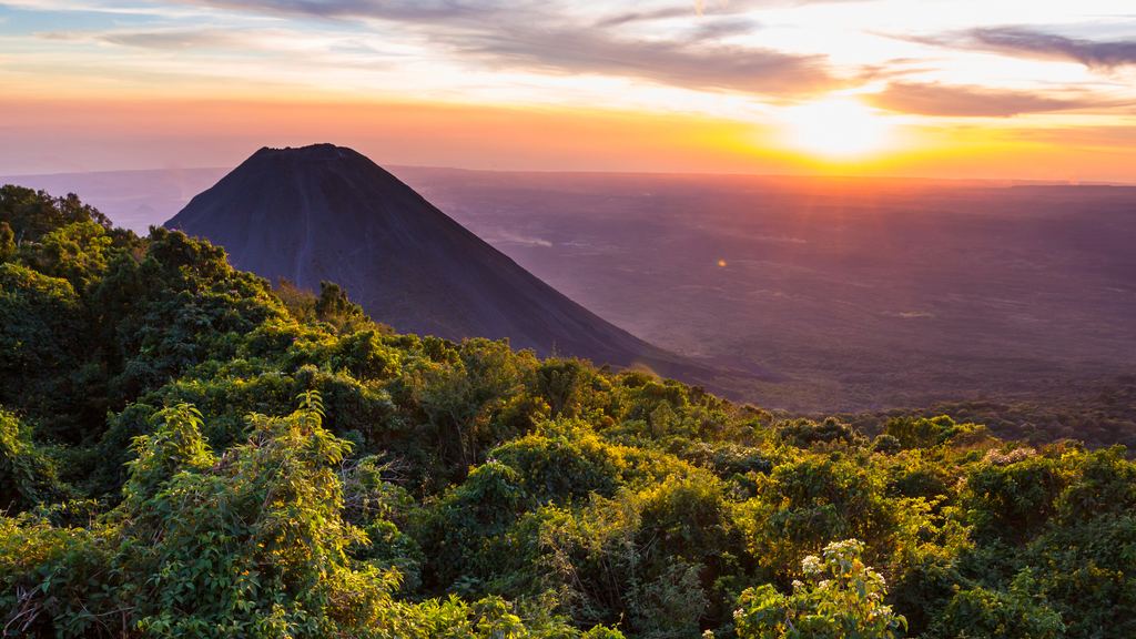A volcanic cone in Cerro Verde National Park, western El Salvador, at sunset