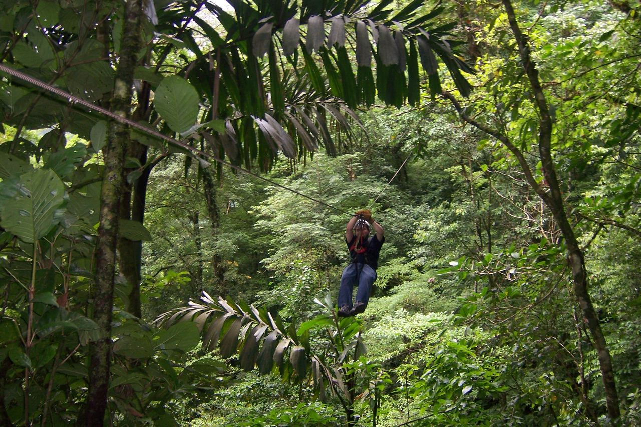 A rider on a zipline cable crossing above rainforest canopy at Canopy San Lorenzo, San Ramón, Costa Rica